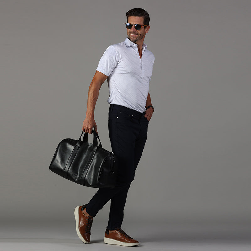 Semi-Spread Collar Polo White Navy Polka Dot